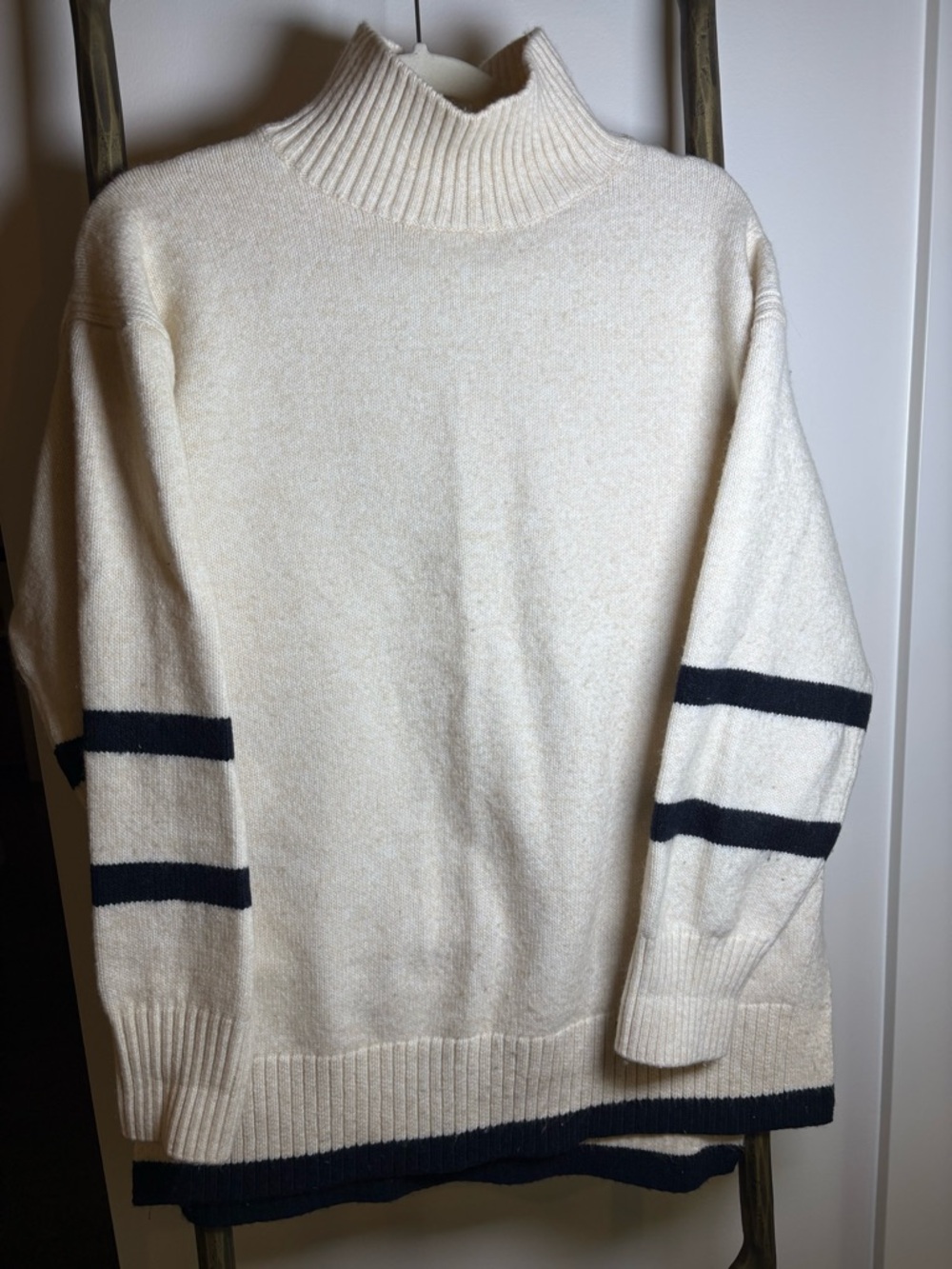 H&M Cream Turtleneck Sweater with Navy Stripe Sleeves